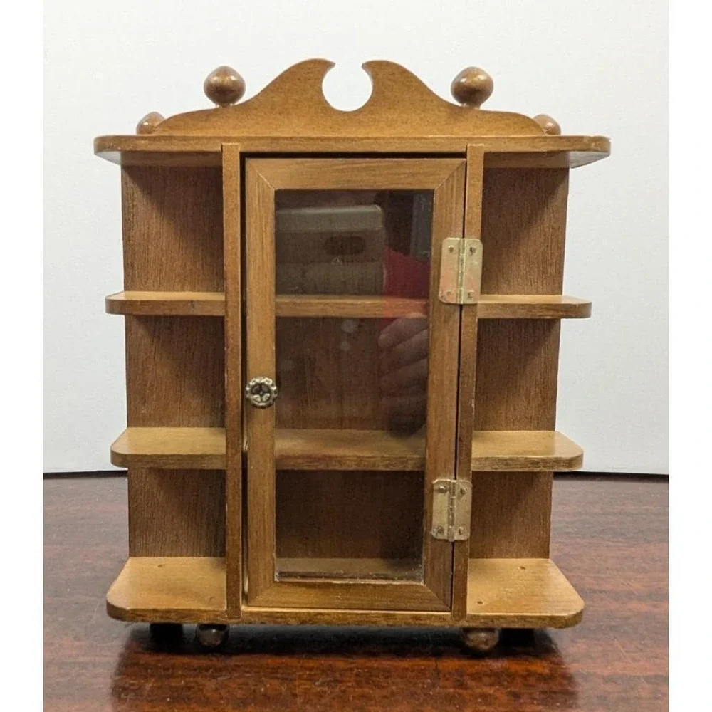 Vintage Miniature Wood Curio Display Cabinet Glass Door Wall Shelf Shadow Box
